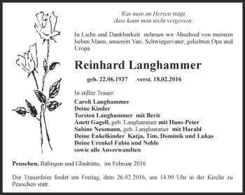 Traueranzeige von Reinhard Langhammer von Ostthüringer Zeitung