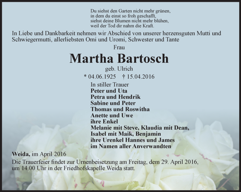  Traueranzeige für Martha Bartosch vom 20.04.2016 aus Ostthüringer Zeitung