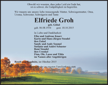 Traueranzeige von Elfriede Groh von Ostthüringer Zeitung