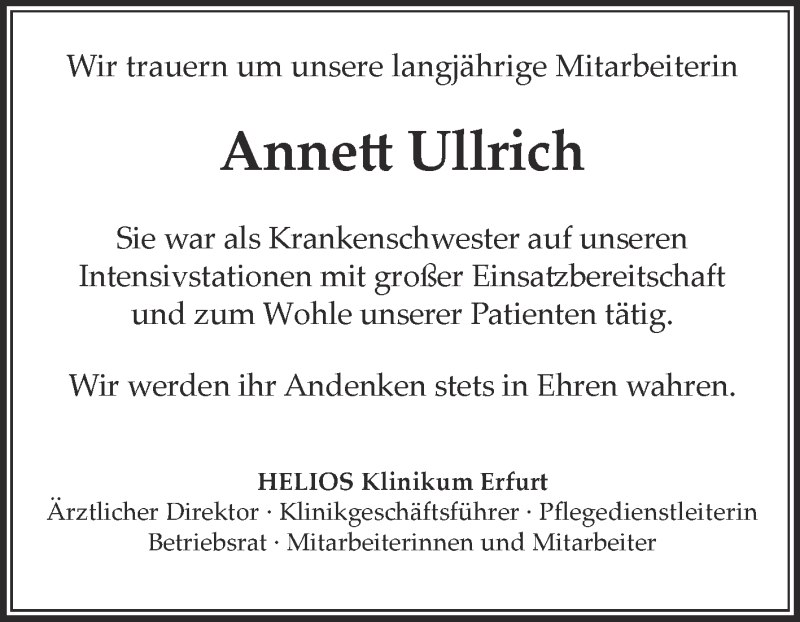  Traueranzeige für Annett Ullrich vom 30.10.2015 aus Thüringer Allgemeine, Thüringische Landeszeitung