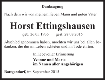 Traueranzeige von Horst Ettingshausen von Thüringer Allgemeine
