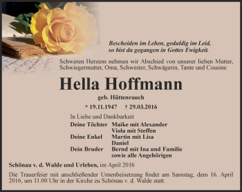 Traueranzeige von Hella Hoffmann von Ostthüringer Zeitung, Thüringische Landeszeitung