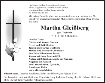 Traueranzeige von Martha Gleißberg von Thüringer Allgemeine