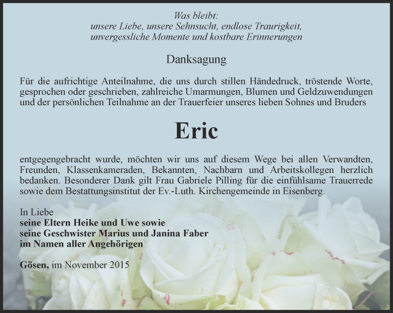  Traueranzeige für Eric Faber vom 20.11.2015 aus Thüringer Allgemeine, Thüringische Landeszeitung, Ostthüringer Zeitung