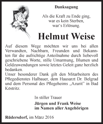 Traueranzeige von Helmut Weise von Ostthüringer Zeitung