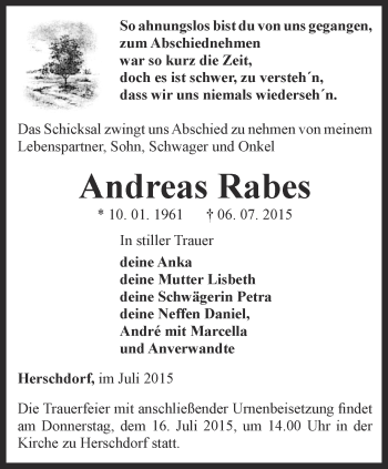 Traueranzeige von Andreas Rabes von Ostthüringer Zeitung