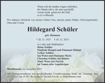 Traueranzeige von Hildegard Schüler