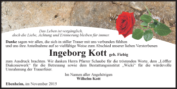 Traueranzeige von Ingeborg Kott von Ostthüringer Zeitung, Thüringische Landeszeitung