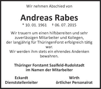 Traueranzeige von Andreas Rabes von Ostthüringer Zeitung