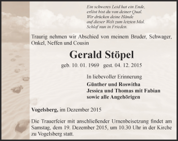 Traueranzeige von Gerald Stöpel von Thüringer Allgemeine