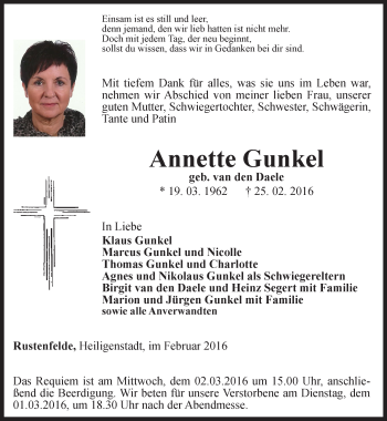 Traueranzeige von Annette Gunkel von Thüringer Allgemeine