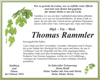 Traueranzeige von Thomas Rammler von Ostthüringer Zeitung