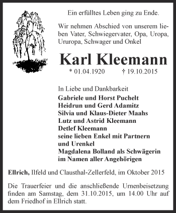 Traueranzeige von Karl Kleemann von Thüringer Allgemeine