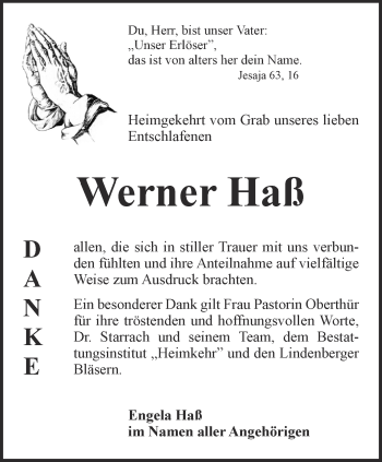 Traueranzeige von Werner Haß von Thüringer Allgemeine, Thüringische Landeszeitung