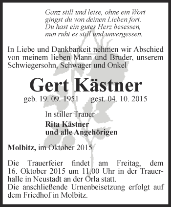 Traueranzeige von Gert Kästner von Ostthüringer Zeitung