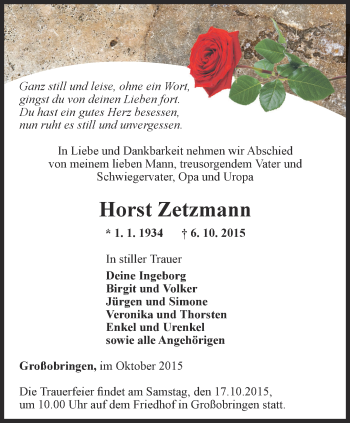 Traueranzeige von Horst Zetzmann von Thüringer Allgemeine, Thüringische Landeszeitung