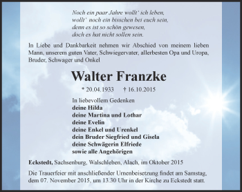 Traueranzeige von Walter Franzke von Thüringer Allgemeine