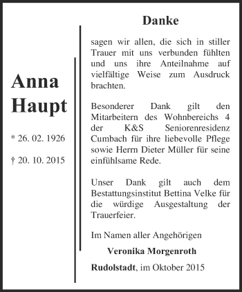 Traueranzeige von Anna Haupt von Ostthüringer Zeitung