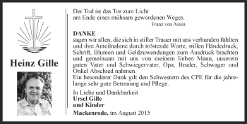 Traueranzeige von Heinz Gille von Thüringer Allgemeine