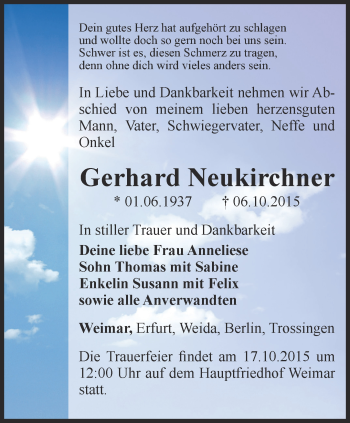 Traueranzeige von Gerhard Neukirchner von Thüringer Allgemeine, Thüringische Landeszeitung