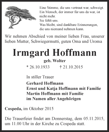 Traueranzeige von Irmgard Hoffmann von Ostthüringer Zeitung, Thüringische Landeszeitung