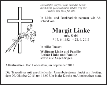 Traueranzeige von Margit Linke von Ostthüringer Zeitung