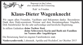 Traueranzeige von Klaus-Dieter Wagenknecht von Thüringer Allgemeine, Thüringische Landeszeitung