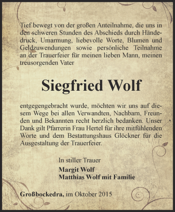 Traueranzeige von Siegfried Wolf von Ostthüringer Zeitung