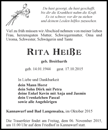 Traueranzeige von Rita Heiße von Thüringer Allgemeine