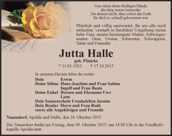 Traueranzeige von Jutta Halle von Thüringer Allgemeine, Thüringische Landeszeitung