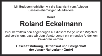 Traueranzeige von Roland Eckelmann von Ostthüringer Zeitung, Thüringische Landeszeitung