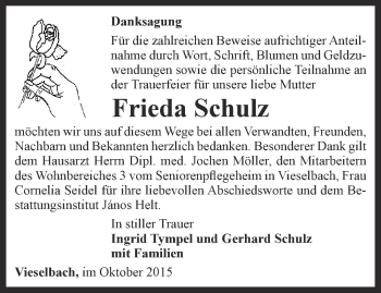 Traueranzeige von Frieda Schulz von Thüringer Allgemeine, Thüringische Landeszeitung
