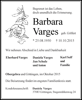 Traueranzeige von Barbara Varges von Thüringer Allgemeine