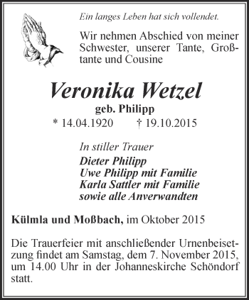 Traueranzeige von Veronika Wetzel von Ostthüringer Zeitung