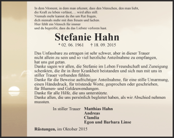 Traueranzeige von Stefanie Hahn von Thüringer Allgemeine