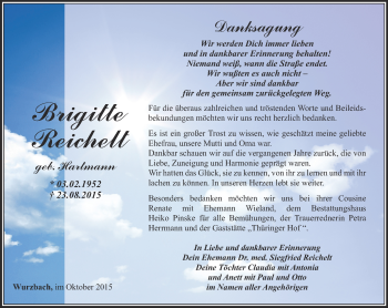 Traueranzeige von Brigitte Reichelt von Ostthüringer Zeitung