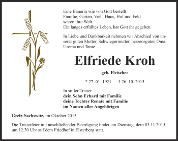 Traueranzeige von Elfriede Kroh von Ostthüringer Zeitung