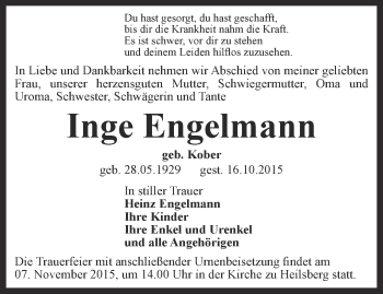 Traueranzeige von Inge Engelmann von Ostthüringer Zeitung