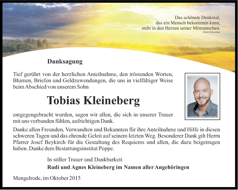  Traueranzeige für Tobias Kleineberg vom 24.10.2015 aus Thüringer Allgemeine