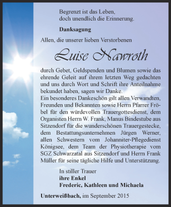 Traueranzeige von Luise Nawroth von Ostthüringer Zeitung