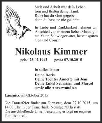 Traueranzeige von Nikolaus Kimmer von Ostthüringer Zeitung