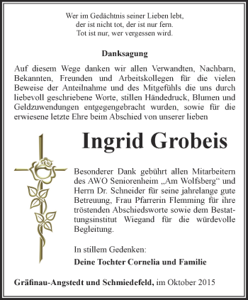 Traueranzeige von Ingrid Grobeis von Thüringer Allgemeine