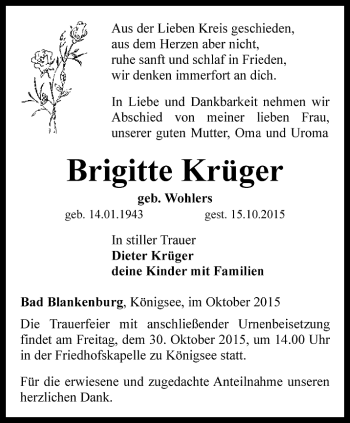 Traueranzeige von Brigitte Krüger von Ostthüringer Zeitung
