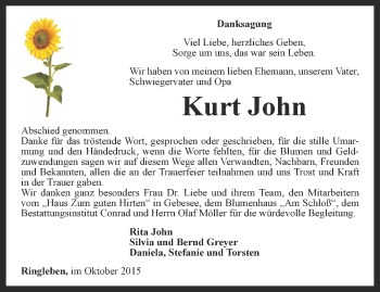 Traueranzeige von Kurt John von Thüringer Allgemeine, Thüringische Landeszeitung