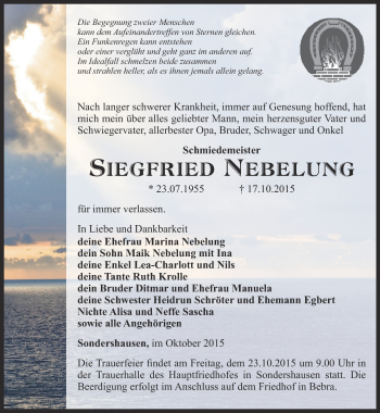 Traueranzeige von Siegfried Nebelung von Thüringer Allgemeine