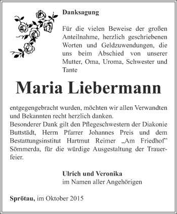 Traueranzeige von Maria Liebermann von Thüringer Allgemeine