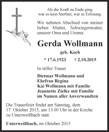 Traueranzeige von Gerda Wollmann von Ostthüringer Zeitung