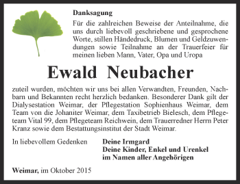 Traueranzeige von Ewald Neubacher von Thüringer Allgemeine, Thüringische Landeszeitung