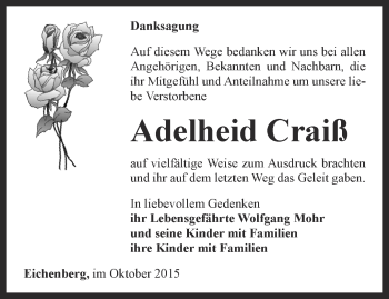 Traueranzeige von Adelheid Craiß von Ostthüringer Zeitung, Thüringische Landeszeitung