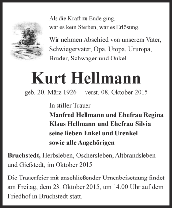 Traueranzeige von Kurt Hellmann von Thüringer Allgemeine, Thüringische Landeszeitung